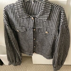 Black and White Checkered Blazer with Puff Sleeves